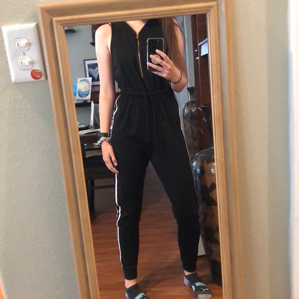 Black white side stripe jumpsuit